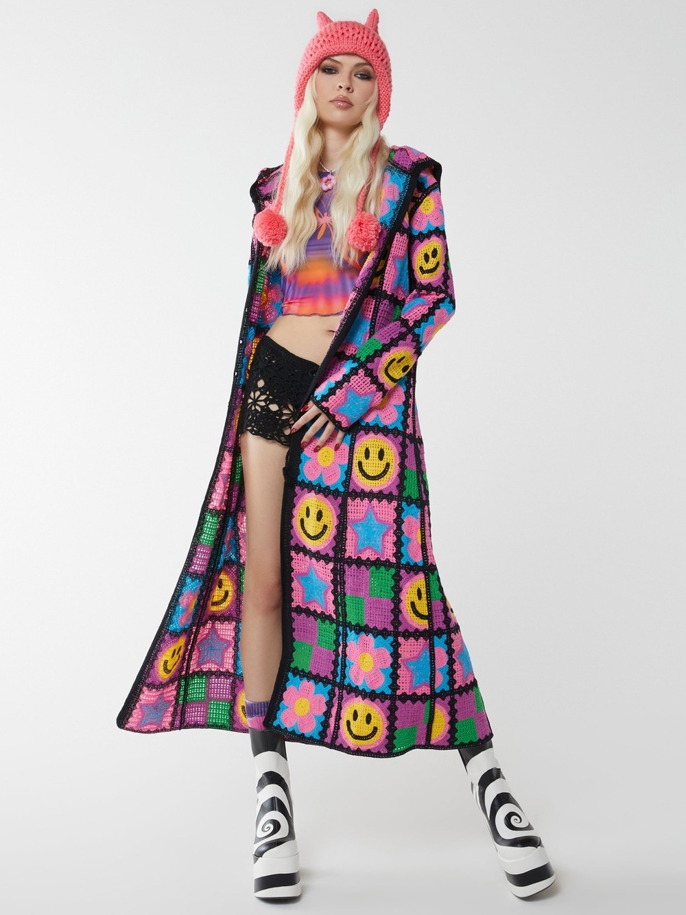 dELiA*s dolls kill Smiley face Crochet Maxi Cardigan Flower Motifs multicolor
